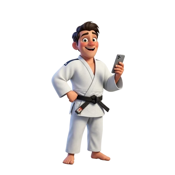 Judoka w judodze sprawdza wyniki turnieju w telefonie